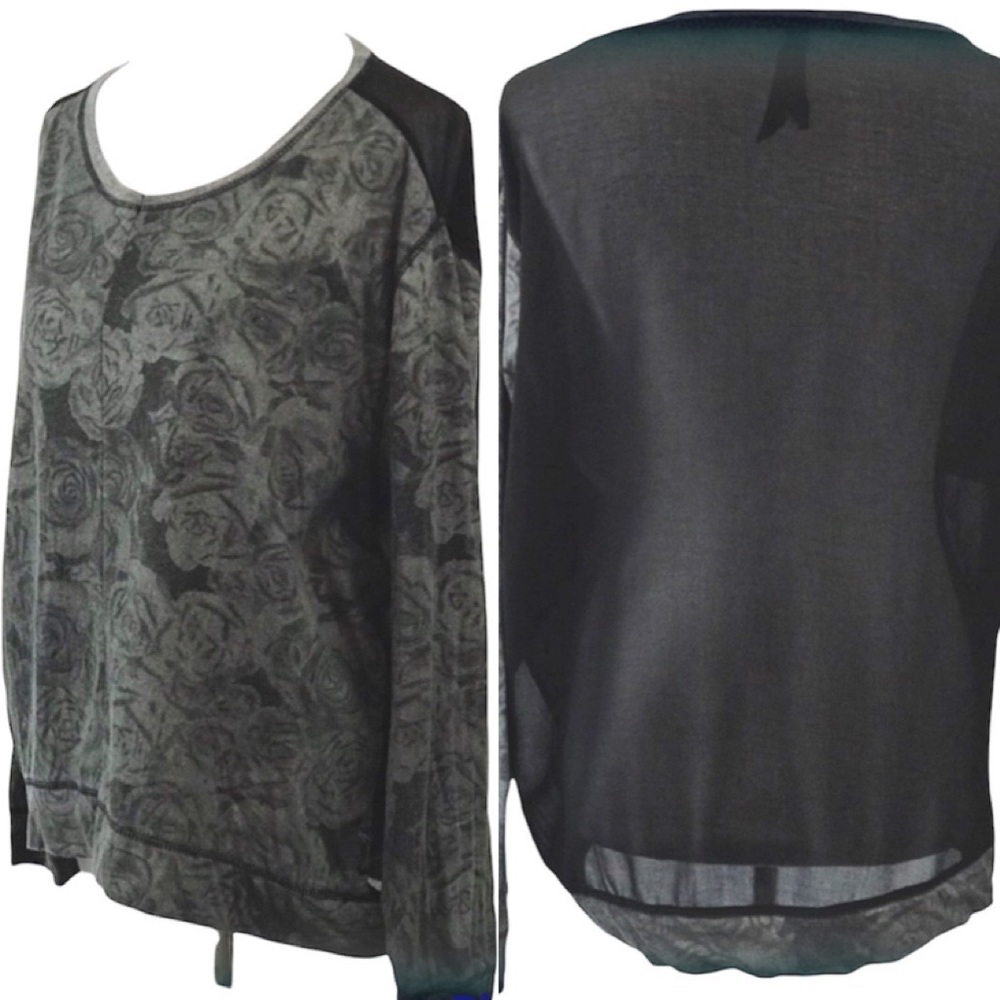 Seven7 Gray Rose Print Long Sleeve Sheer Back Top Large EUC